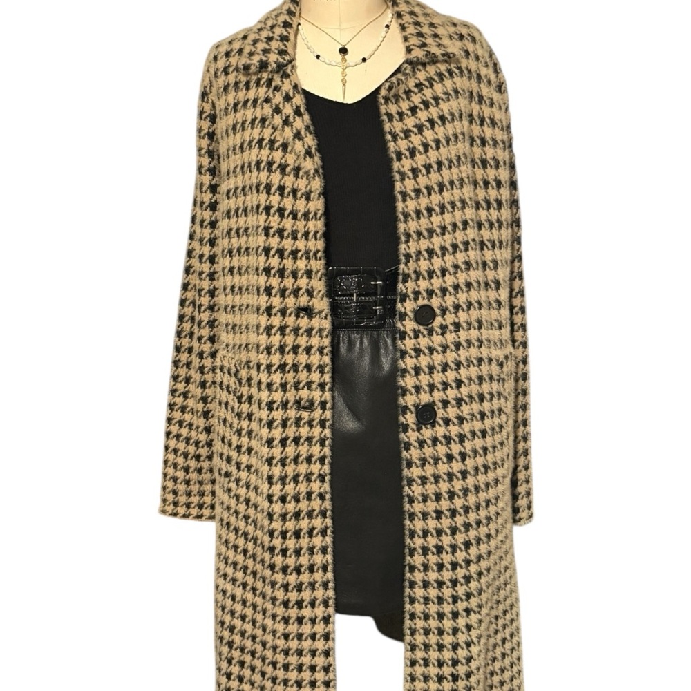 Max‎ Studio Women’s Houndstooth Teddy Jacket Black Tan Longline Wool look Size S